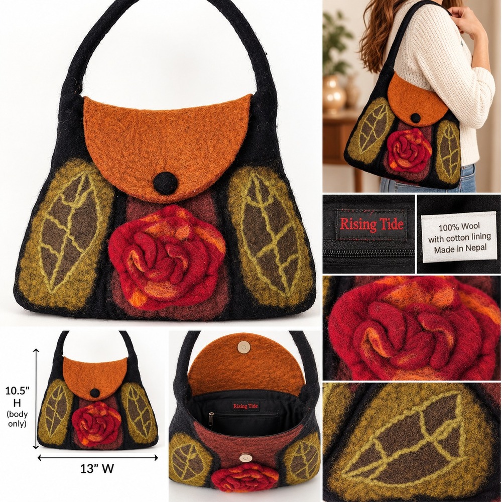 Rising Tide Felted Wool Shoulder Bag Women Black 3D Red Rose Leaf Boho Artisan